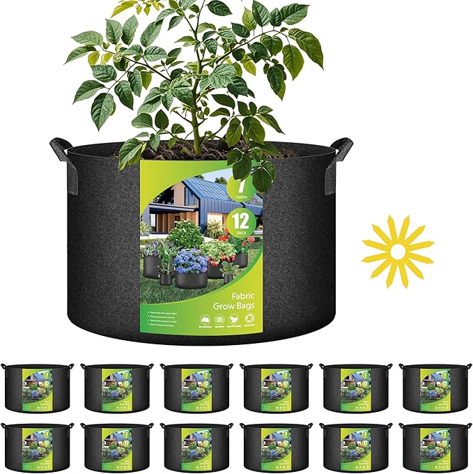 HealSmart 7 Gallon 12 Pack Nonwoven Grow Bags, Aeration Fabric Pots with Handles, Heavy Duty Garden Grow Pots for Tomato Vegetables Flowers, 12 Plant Labels, Black