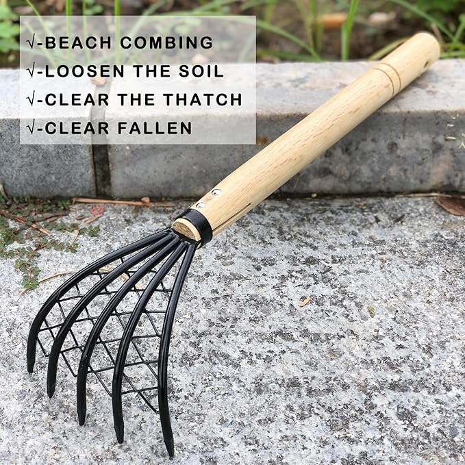 Garden Rake 5-Claw Landscape Dethatcher Thatching Beach Combing Rake for Digging Clam Shell Defoliation Hoe Garden Tool for Loosen The Soil (Orange)