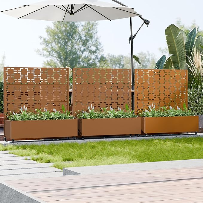 Casaphoria Metal Raised Garden Bed with Trellis and Wheels, 47"x47"x16" Planter Box for Climbing Plants, Vegetables & Vines, Features Drainage Holes and Privacy Screen, Brown-Square