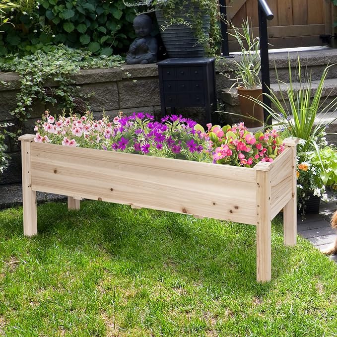 HAPPYGRILL Raised Garden Bed, Wood Planter Box with Legs, 5 Drainage Holes, Elevated Garden Bed for Vegetables Flowers, Outdoor Plant Container for Yard Garden