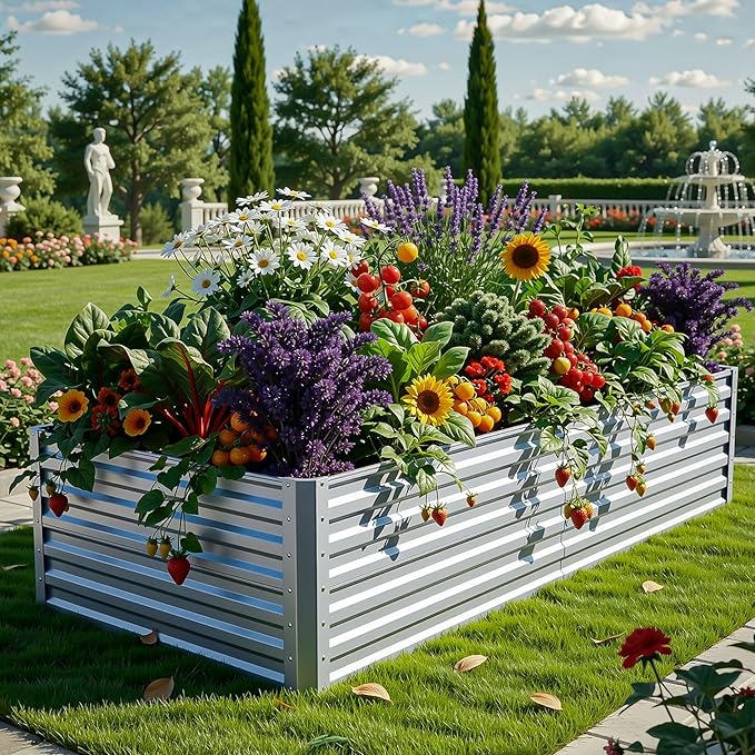 YITAHOME 6x3x2 ft Galvanized Raised Garden Bed Kit, Large Metal Planter Box with Gloves & Support Rod, Outdoor Flower Bed for Plants Vegetables, Silver