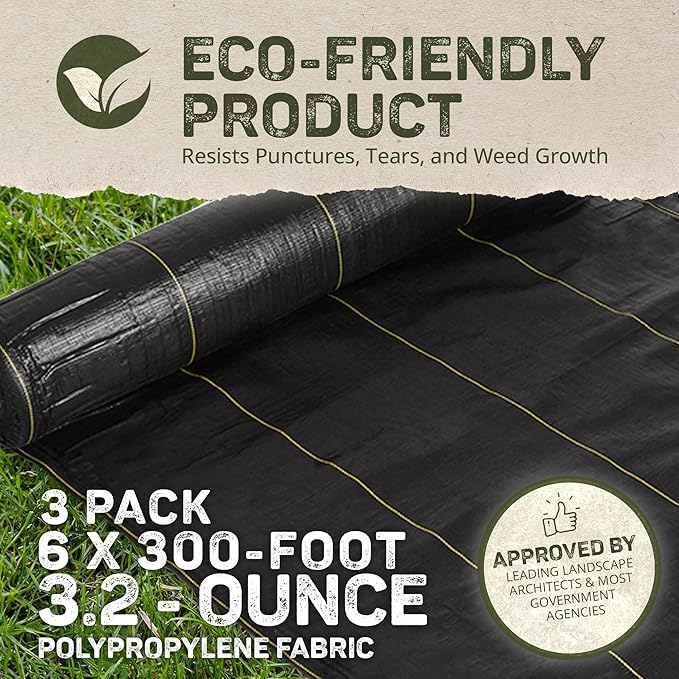 Dewitt 3-Pack Sunbelt Weed Barrier Fabric 3.2 oz, 6 x 300 Feet – Heavy-Duty Ground Cover Mat for Greenhouse Floors, Garden Rows, Raised Beds, Yard Gardening, and Outdoor Landscape Protection