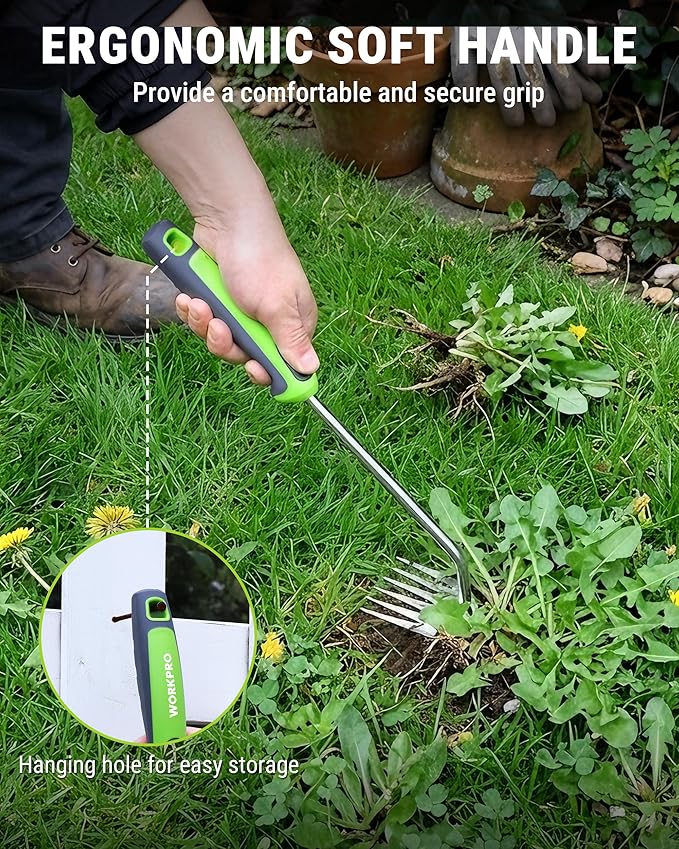 WORKPRO 15-Inch Weed Puller Tool, 6-Tine Heavy Duty Deep Root Remover for Dandelion, Stainless Steel Hand Weeder with Ergonomic Soft Grip for Lawn, Garden, and Yard