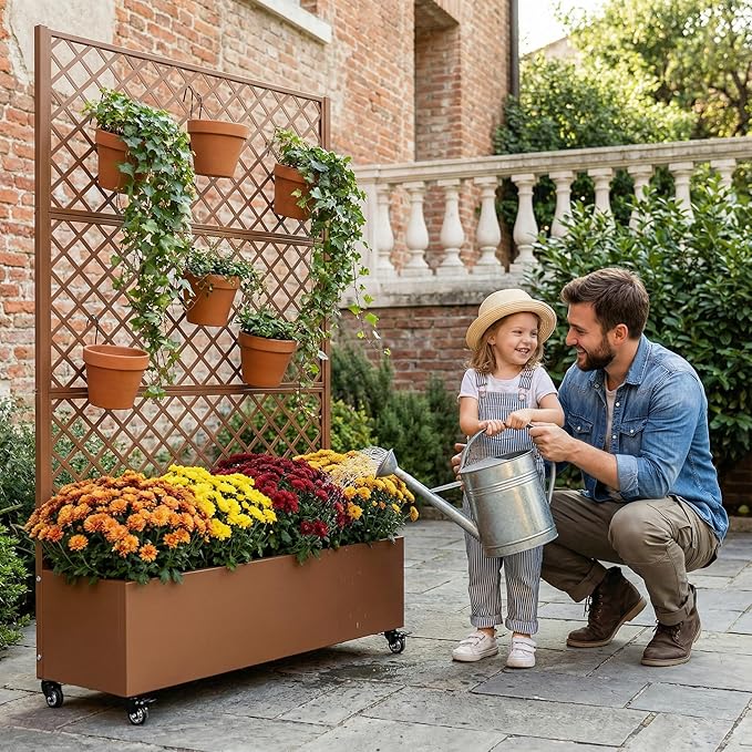 Casaphoria Metal Raised Garden Bed with Trellis and Wheels, 72"x47"x16" Arched Planter Box for Climbing Plants, Vegetables & Vines, Features Drainage Holes and Privacy Screen, Brown-Rhombus