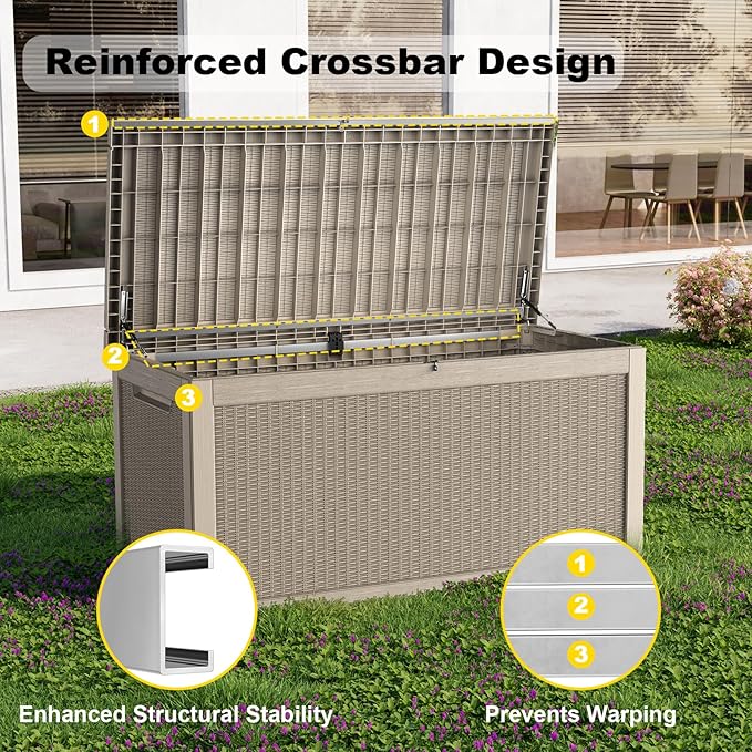 ROJIK 320 Gallon Waterproof Outdoor Deck Storage Box, Lockable Resin Patio Storage Bin with Lid for Garden Tools, Patio Cushions & Outdoor Accessories(Grey)