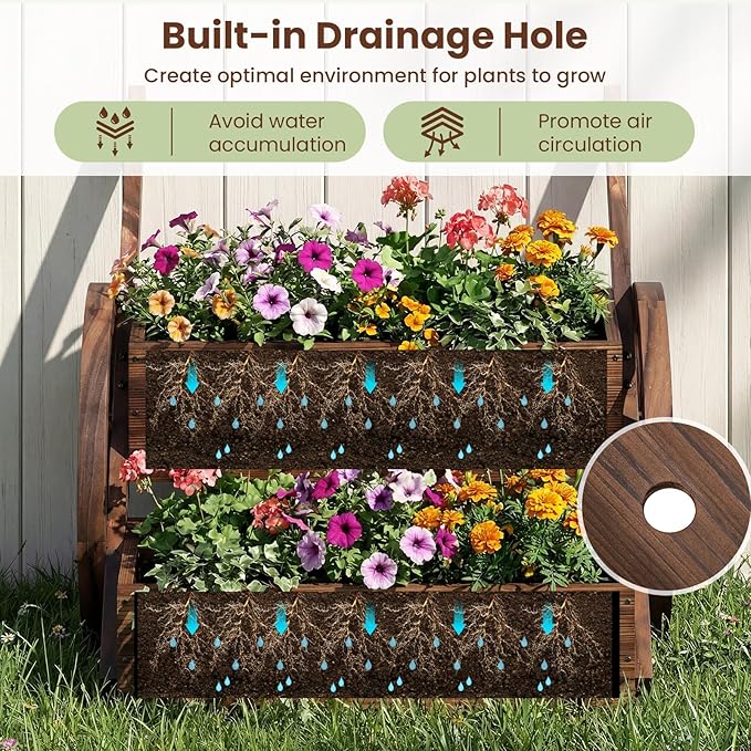 Giantex Wooden Wagon Planter Box, Rustic Garden Planter with Wheels, Handles & Drainage Holes for Flowers Herbs Vegetables, Indoor Outdoor Decorative Flower Cart for Patio Balcony (2)