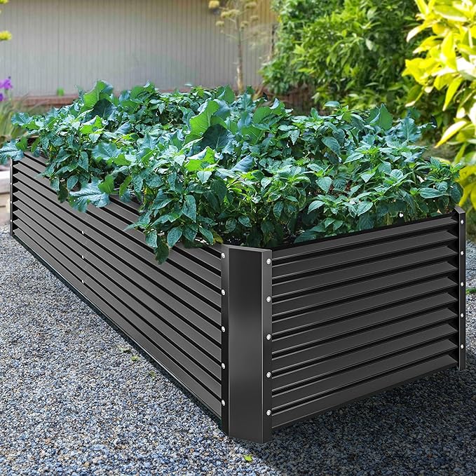 YITAHOME 8x4x2ft Raised Garden Bed Kit, Outdoor Large Metal Patio Planter Box with 2 Gloves, Ground Nails, Support Rod, and Safe Edge Curling Design for Plants Vegetables Flowers, Dark Gray