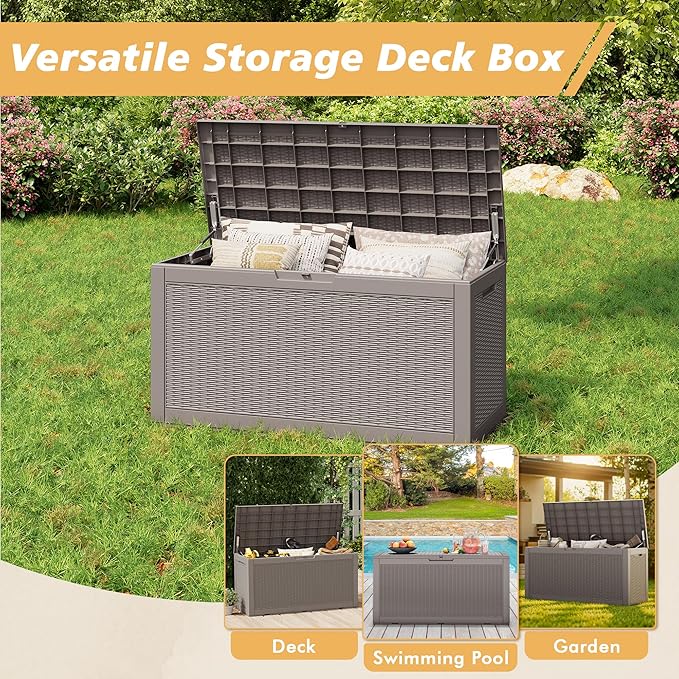 100 Gallon Outdoor Storage Box, Resin Deck Boxes Outdoor Waterproof For Patio Furniture, Garden Tools, Pool Supplies, Lockable And UV Resistant (Rattan Gray)