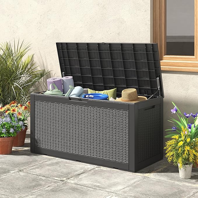 Oudoor Storage Deck Boxes Waterproof, Waterproof and UV Resistant Outdoor Storage Box Lockable Lid for Delivery Box, Indoor, Garden Tools, Pool Supplies, Patio (Black, 110 Gallon)