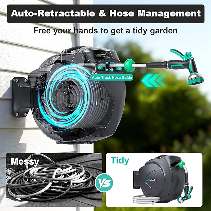 Retractable Garden Hose Reel, 100Ft x 1/2" Durable Wall Mounted Water Hose Reel with 180¡ãSwivel Bracket, 9 Pattern Sprayer, 6Ft leader hose,Smooth Automatic Rewind, Any Length Lock.