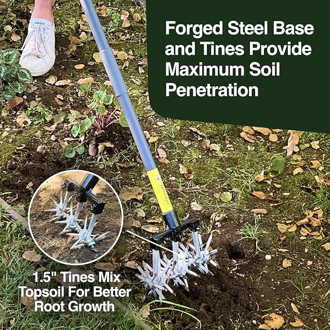 Rocklin Industry New Heavy-Duty Rotary Cultivator with 2X Steel for All Soils Till, Aerate, Weed, or Mix | 60” Extra Long Handle