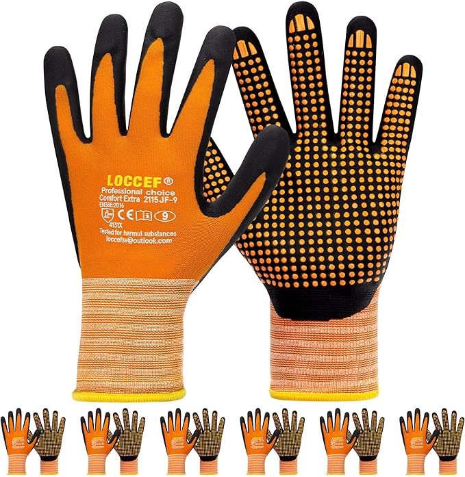LOCCEF Work Gloves MicroFoam Nitrile Coated-6 Pairs,Endurance Seamless Knit Nylon,Dots on palm,Tacky Dot Grip Gloves,Orange