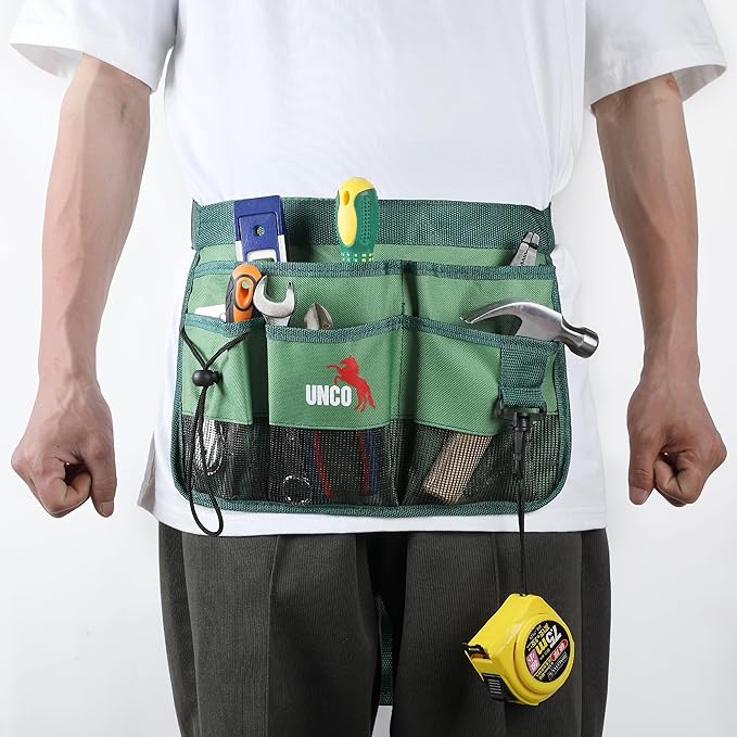 UNCO- Adjustable Gardening Belt, Green, 7 Pockets, Wear, Cut and Water Resistant, Garden Tool Belt Pouch, Waist Apron with Pockets