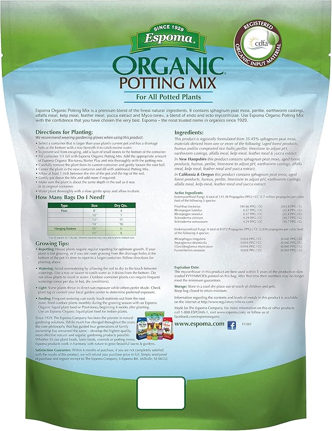 Espoma Organic Potting Soil Mix - All Natural Potting Mix for All Indoor & Outdoor Containers Including Herbs & Vegetables. for Organic Gardening, 4qt. Bag. Pack of 1