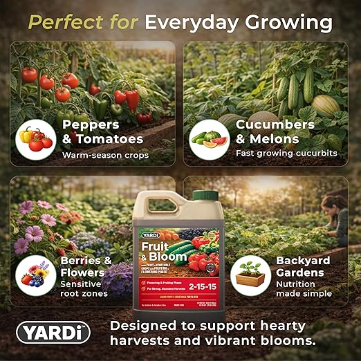 Yardi Fruit & Bloom Plant Food | Outdoor Garden Fertilizer for Fruits, Vegetables & Flowers | Nutrients for Flowering & Fruiting | NPK 2-15-15 with Micronutrients | 32 Ounce