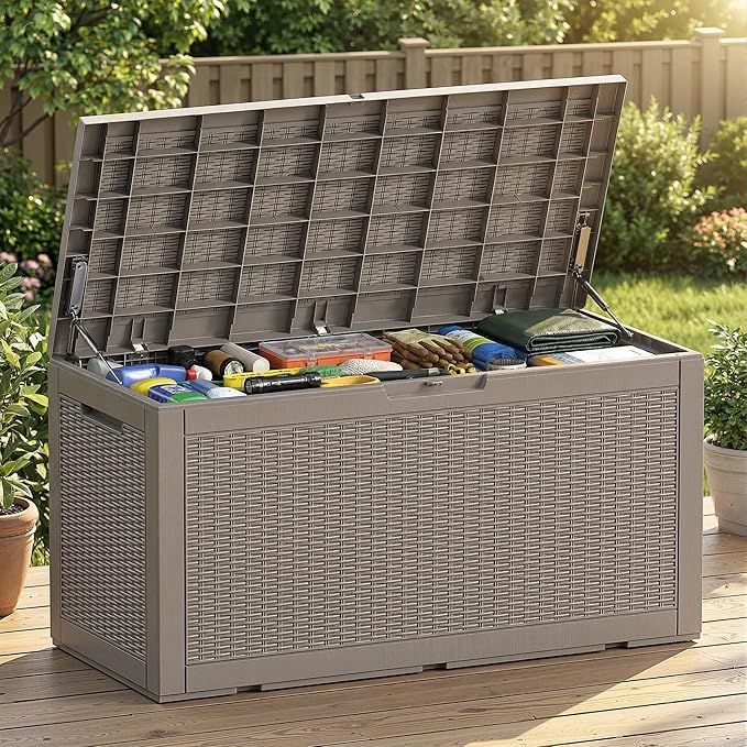 EFU Outdoor Storage Box 100 Gallon Deck Box Resin Outdoor Toy Storage With Lockable Lid, Hydraulic Struts, Rattan Style Package Delivery Boxes for Outside Patio Yard Garden (Light brown)
