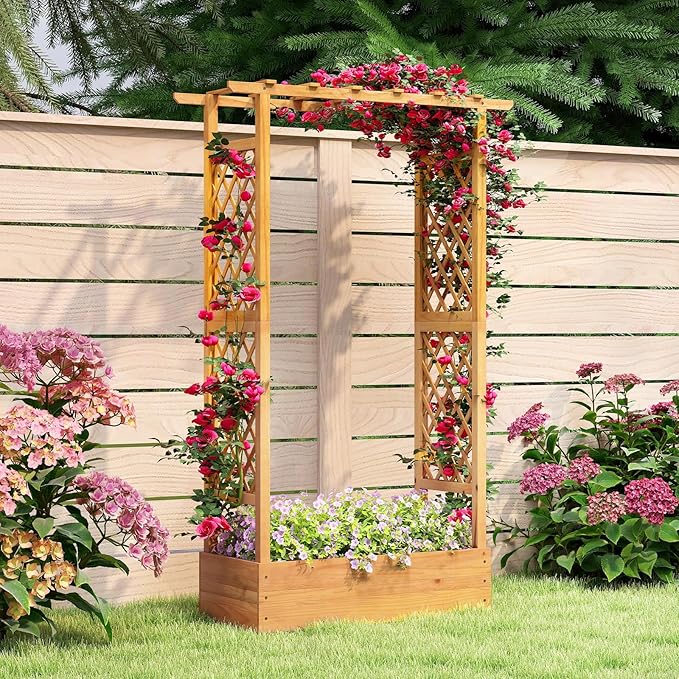 Happygrill 70" Raised Garden Bed with Trellis, 2 Pack Wood Planter Box w/Hanging Roof, 2 Side Trellises, Open-Ended Base for Flower, Climbing Plant, Plant Container for Garden