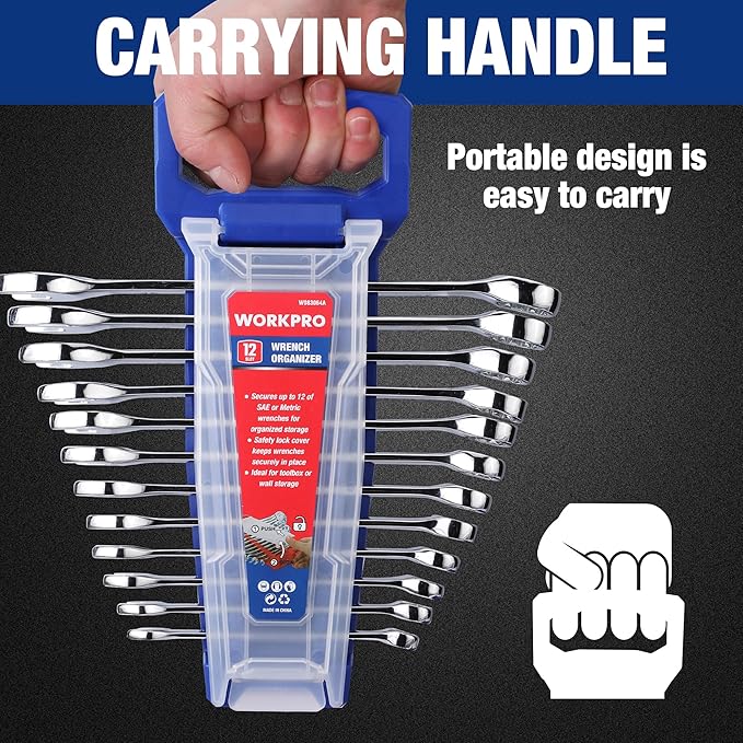 WORKPRO 2-Piece Wrench Organizer, 24-Slot Plastic Wrenches Holder Set with Lock Cover, Metric & SAE Compatibility (Up to 19mm or 7/8), Premium Quality Wrench Rack Tool Trays with Carrying Handle