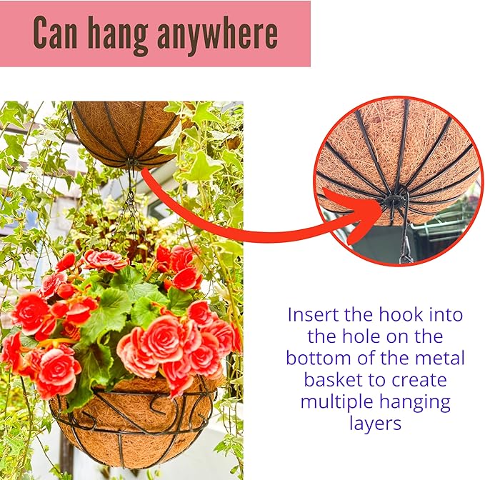 LaLaGreen Hanging Planter for Outdoor Plants (14 Inch, 2 Pack) Black Hanging Baskets with Coco Liner, Metal Wire Flower Basket Pots with Hook Hanger Balcony Porch Farmhouse Country Style Garden Decor