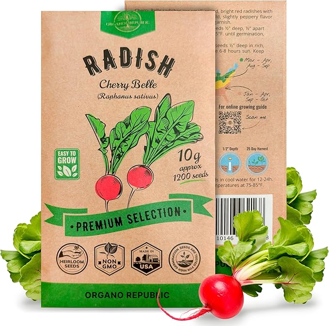 Cherry Belle Radish Seeds Pack 10 G - Over 1200 Non-GMO Heirloom Radish Seeds for Planting Vegetables in Individual Seed Packet, Vegetable Seeds for Planting Home Garden Indoor & Outdoor Gardening