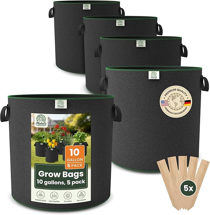 Mabel's Gardening 5-Pack 10 Gallon Grow Bags - Garden Planting Bags 13.4 x 16.3 INCH Made of 8.85 oz/yd² (300g/m²) Felt & Fleece Fabric Plant Pot, Plant Bag, Grow Bag for Carrot Potato Tomato