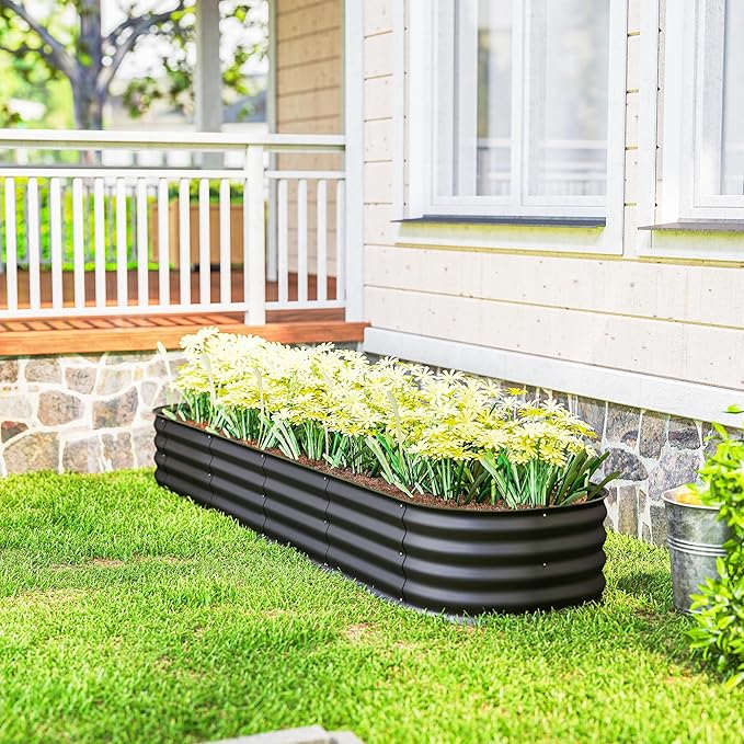 Outsunny 8' x 2' x 1' Galvanized Raised Garden Bed Kit, Outdoor Metal Elevated Planter Box with Safety Edging, Easy DIY Stock Tank for Growing Flowers, Herbs & Vegetables, Dark Gray