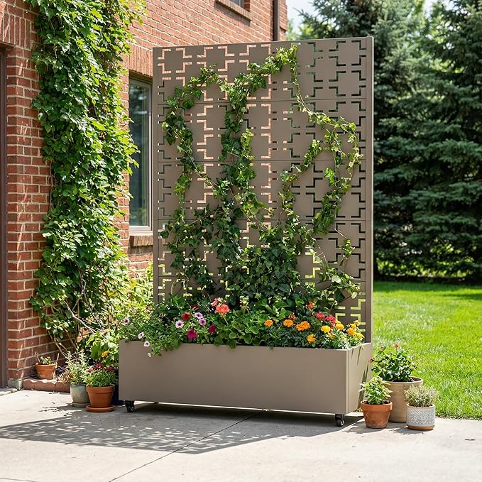 Casaphoria Metal Raised Garden Bed with Trellis and Wheels, 72"x47"x16" Arched Planter Box for Climbing Plants, Vegetables & Vines, Features Drainage Holes and Privacy Screen, Grey-Square