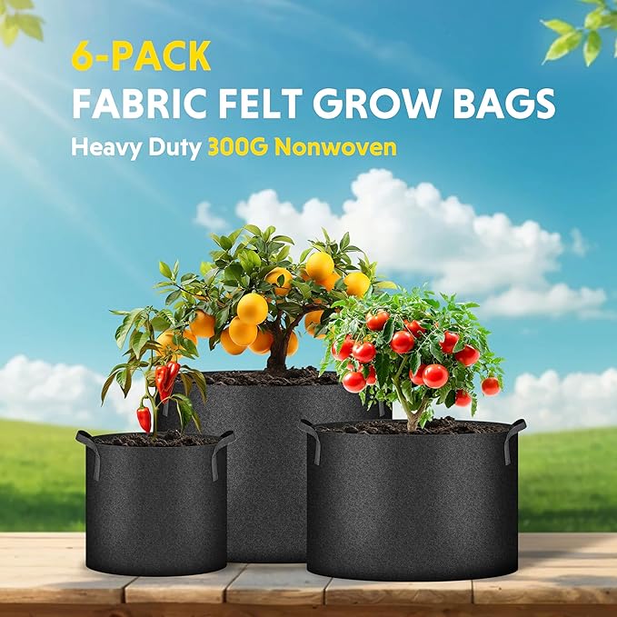 iPower Plant Grow Bag 10 Gallon 6-Pack Heavy Duty Fabric Pots, 300g Thick Nonwoven Fabric Containers Aeration with Nylon Handles, for Planting Vegetables, Fruits, Flowers, Black