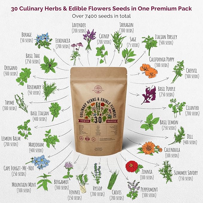 Organo Republic 30 Culinary Herbs & Edible Flower Seeds Variety Pack- Indoor/Outdoor. 7400+ Non-GMO Heirloom Flower Seeds: Basil, Borage, Echinacea, Lavender, Oregano, Rosemary Seeds & More