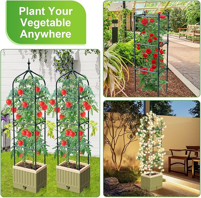 Raised Garden Bed Planter Box with Trellis, 71" Self-Watering Tomato Planter with Wheels for Climbing Vegetable and Plants, Tomato Cage Planters for Indoor Outdoor Patio Greenhouse Gardening (A)