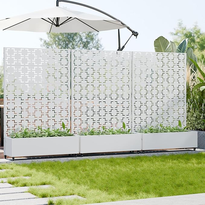 Casaphoria Metal Raised Garden Bed with Trellis and Wheels, 72"x47"x16" Arched Planter Box for Climbing Plants, Vegetables & Vines, Features Drainage Holes and Privacy Screen, White-Square