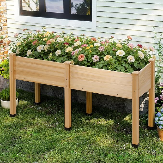 AMERLIFE Raised Garden Bed, 72x24x30 Inches Elevated Wood Planter Box with Bed Liner, Legs, Divider, Drainage Holes, Stand for Backyard, Patio, 300 Lb Capacity - Light Wood