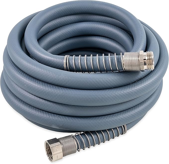 Camco EvoFlex 25-Ft Water Hose - RV Drinking Water Hose Contains No Lead, No BPA & No Phthalate - Flexible Design w/Stainless Steel Strain Relief Ends - 5/8” Inside Diameter, Slate (22580)
