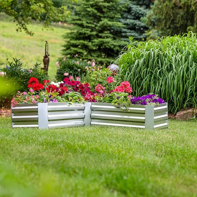 Sunnydaze Galvanized Raised Garden Bed - Metal Raised Bed for Gardening - Outdoor Planter Box for Flowers, Plants, and Vegetables - Silver - 12” H L-Shaped