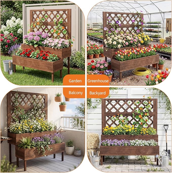 Garvee Raised Garden Bed with Trellis, 2-Tier Outdoor Wooden Elevated Planter Box with Legs & Drainage Holes, Vertical Planter Box Stand for Backyard, Patio, Balcony, Brown