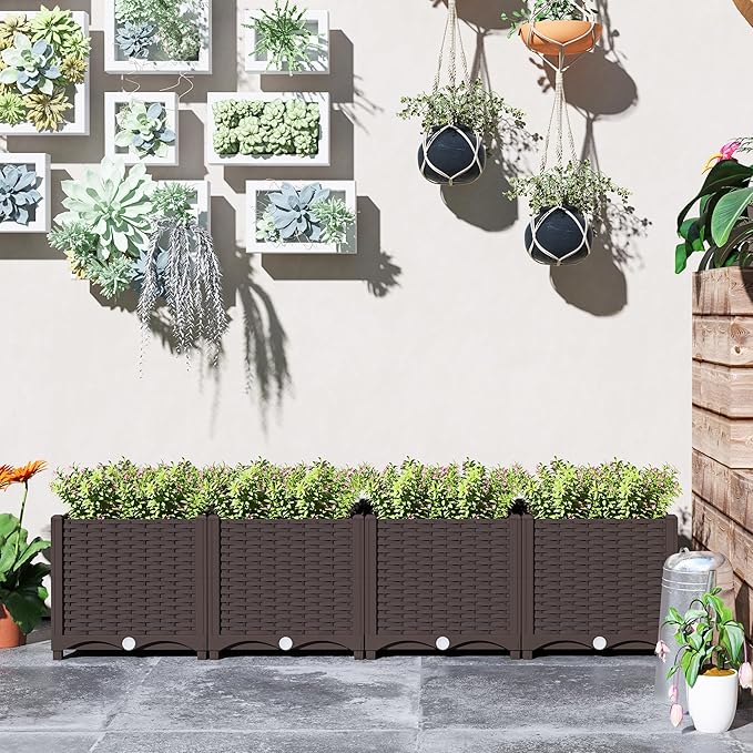 Outsunny 5 x 1 x 1 ft Raised Garden Bed, Indoor Outdoor Plastic Planter Box with Drainage Holes, Drain Plugs and Water Reservoirs for Vegetables, Herbs, Flowers & Succulents, Brown
