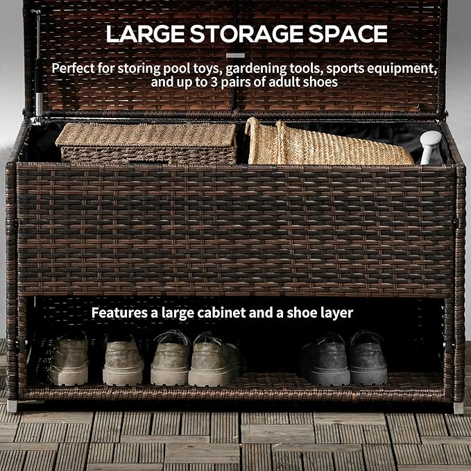 Outsunny Outdoor Deck Box and Shoe Storage, PE Rattan Wicker Towel Rack with Liner for Indoor, Outdoor, Patio Furniture Cushions, Pool, Garden Tools, Brown