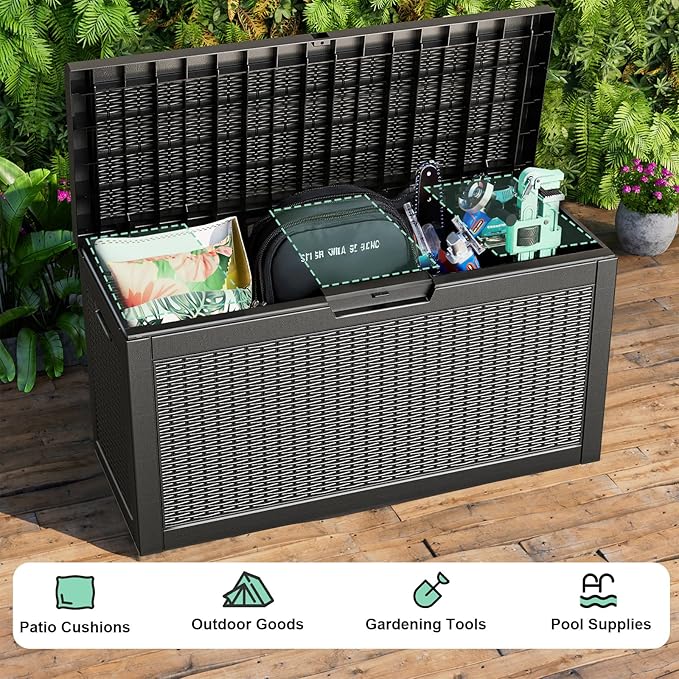 DRATO 70 Gallon Deck Boxes Outdoor Waterproof, Resin Large lockable Storage Box for Patio Furniture Side Table, Waterproof Storage Containers for Pool and Garden Accessories (70 Gallon, Black)