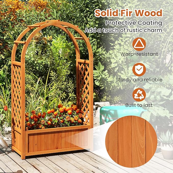 HAPPYGRILL Raised Garden Bed with Trellis, Wooden Elevated Planter Box w/Ached Roof & Detachable Bottom Panels, Liner, Drainage, Indoor Outdoor Wood Planter for Climbing Plants Vine Flower (2)