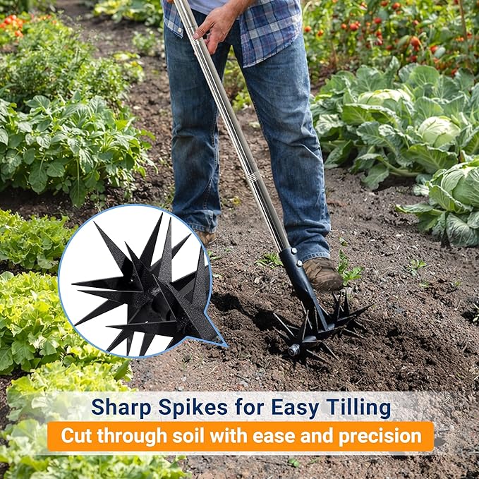 66in Rotary Cultivator with Tempered Spring Steel Tines and Adjustable Stainless Steel Handle Manual Garden Tiller Tool for Loosening Soil Mixing Fertilizer