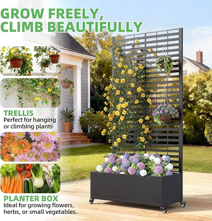 Metal Planter Box with Trellis, 73"x 35"x 16" Raised Garden Bed with Wheels and Drainage Holes, Planter with Trellis for Garden, Balcony and Patio, Black Louvered