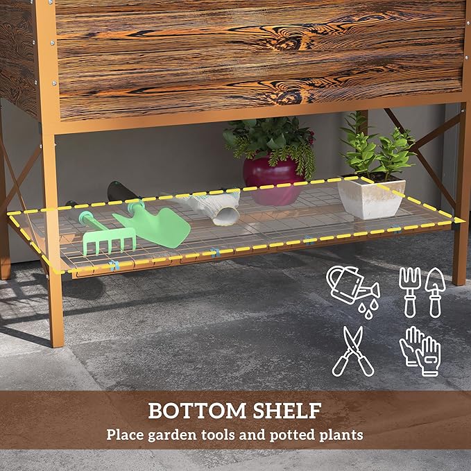 Outsunny Raised Garden Bed with Galvanized Steel Frame, Storage Shelf and Bed Liner, Elevated Planter Box with Legs for Vegetables, Flowers, Herbs, Dark Brown