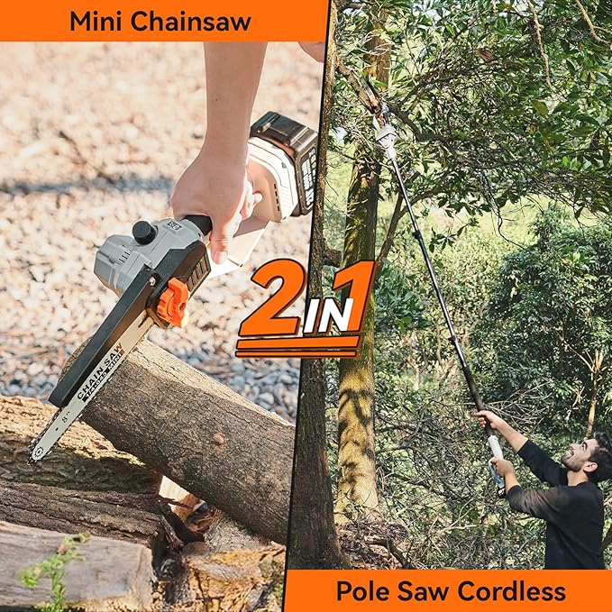 2-in-1 Pole Saw for Tree Trimming, 8-Inch Cordless Brushless Chainsaw with Adjustable Extension Pole, 2×4.0Ah Rechargeable Batteries & Charger, Auto Oiling, 15 Ft Max Reach
