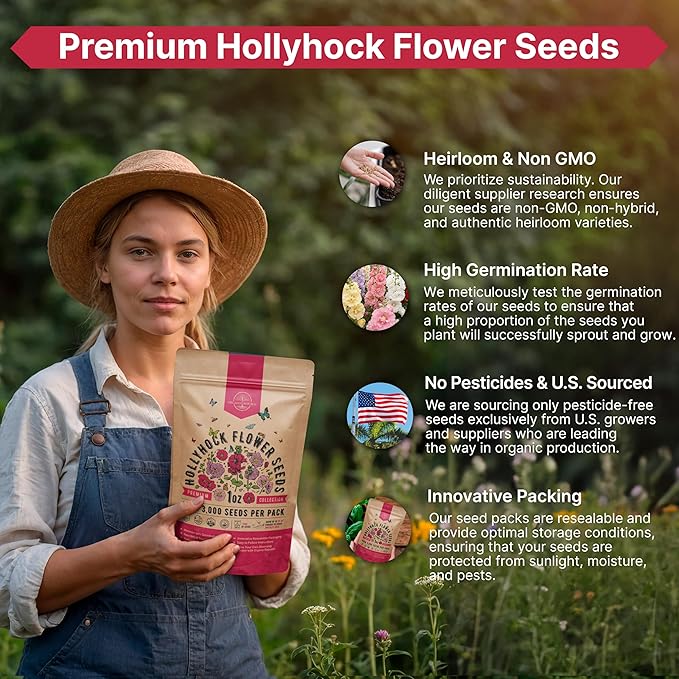 Hollyhock Flower Seeds Pack 1 oz - Over 3,000 Non-GMO Heirloom Hollyhock Seeds for Planting Indoor & Outdoor Gardening, Flower Seed for Home and Garden in Individual Packet, Floral Perennial Mix