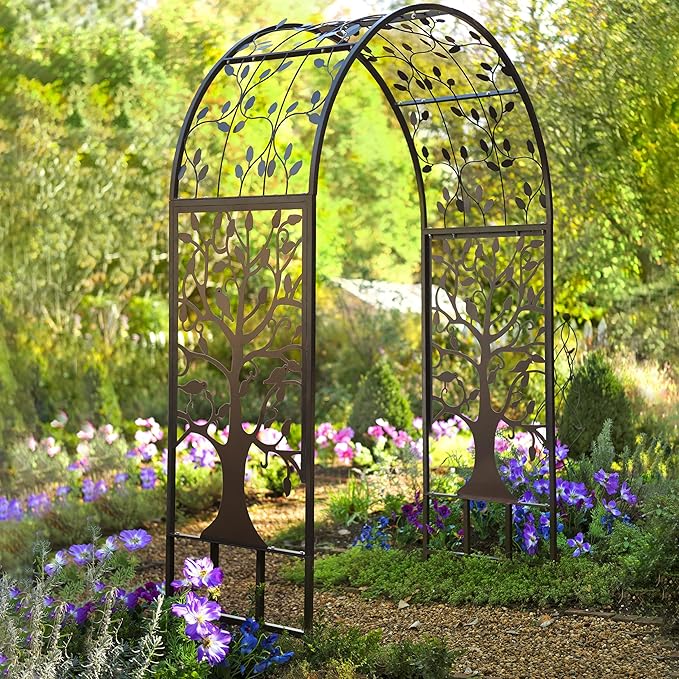 Plow & Hearth Arch Metal Outdoor Garden Arbor | Tree of Life | 83 Inches Tall | Black | Steel Trellis Lattice for Plants & Heavy Vines | Wedding | Outdoor Patio Décor