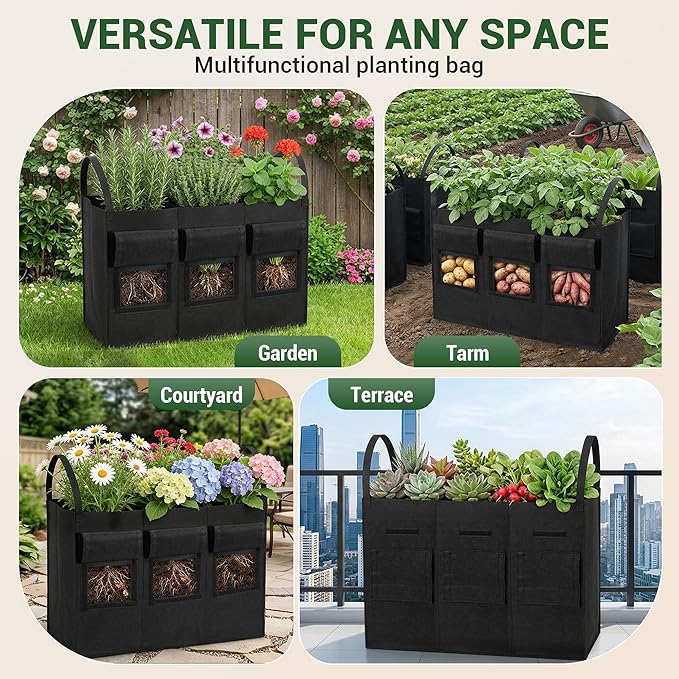 16 Gallon 2 Pack Potato Grow Bags with Harvest Window & Handles, 3-Compartment Nonwoven Fabric Planters Grow Bags for Potatoes, Potato Planter for Growing Tomato, Vegetables, Flower