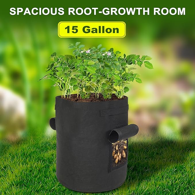 Potato Grow Bags, 2-Pack 15-Gallon Grow Bags with 2 Flaps and Reinforced Handles, Heavy-Duty Thickened 500G Aeration Fabric Pots for Potatoes, Tomatoes, Flowers, and Vegetables