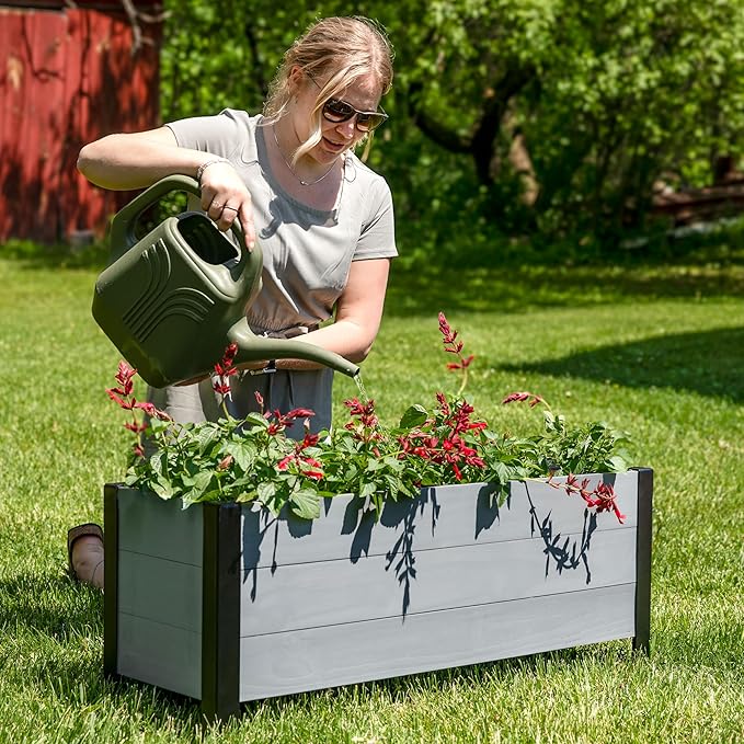 Sunnydaze Acacia Wood Rectangular Planter Box - 14.75" H Wooden Raised Garden Bed with Removable Polyethylene Planter Bag - Gray