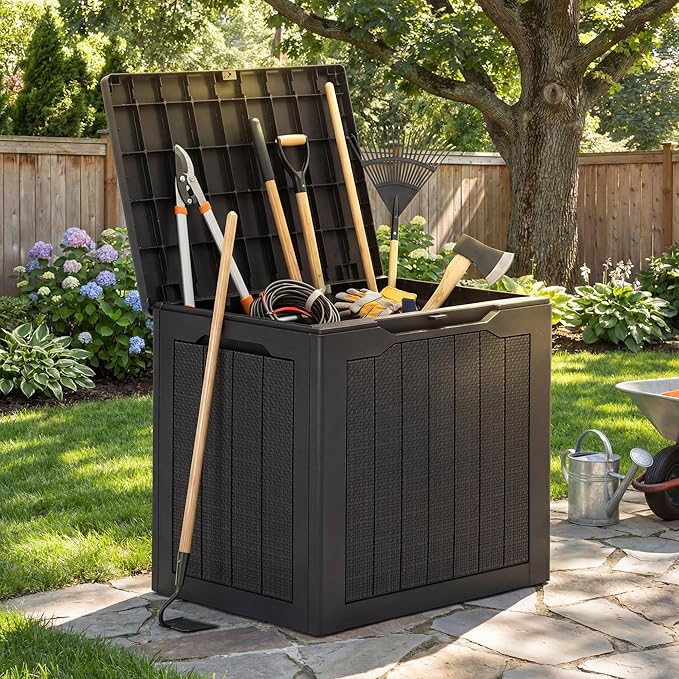 YITAHOME 32 Gallon Outdoor Storage Box, 2-Pack Water Resistant Resin Deck Box, Indoor Outdoor Lockable Storage Container for Patio, Garden, Cushions, Tools, Equipment (Dark Black)