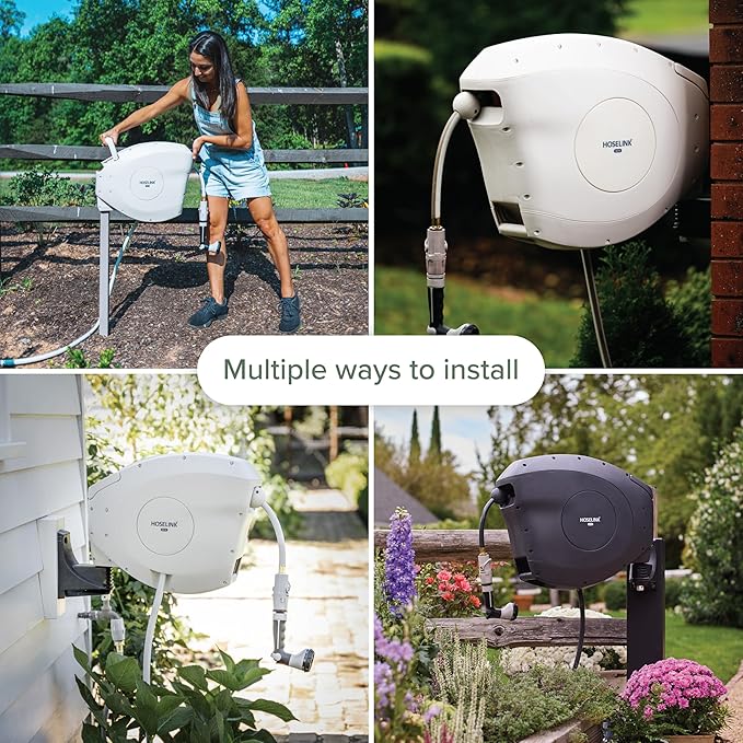 HOSELINK Classic Beige 82ft Hi-Flow Automatic Retractable Garden Hose Reel, 9/16”, 8-Pattern Spray Nozzle, UV-Stabilized Kink-Free Hose, Wall Mounted Watering Solution for Backyard, Garden & Outdoor